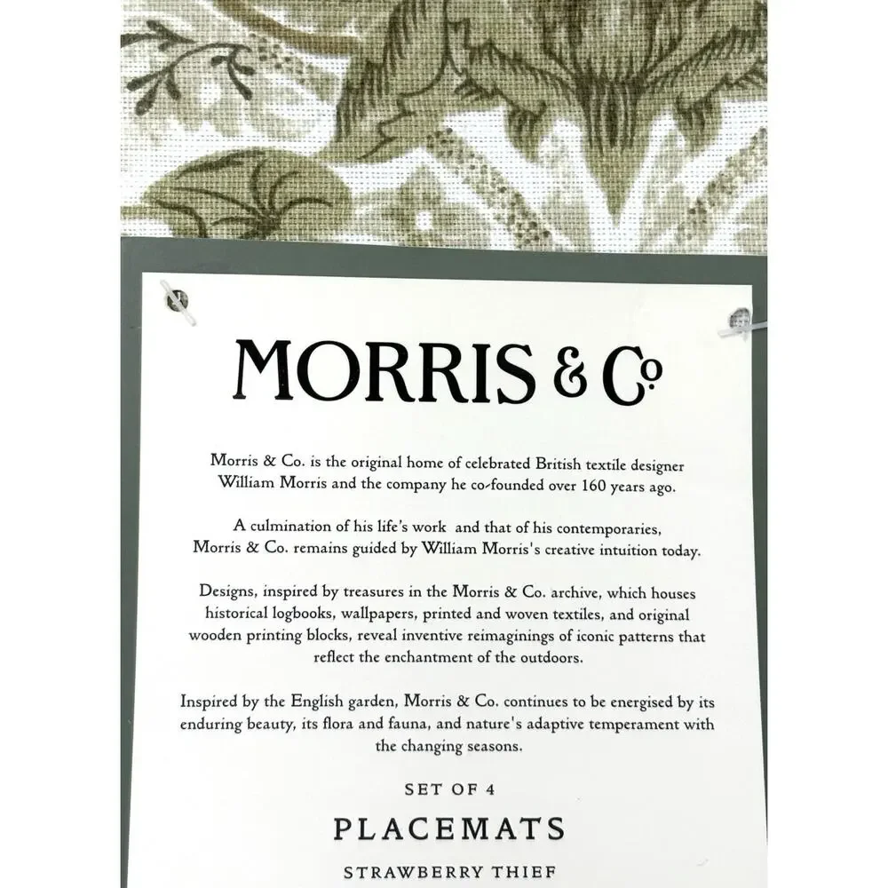 William Morris & Co Placemats Strawberry Thief Cotton Fabric 13x19 4 Sage Green